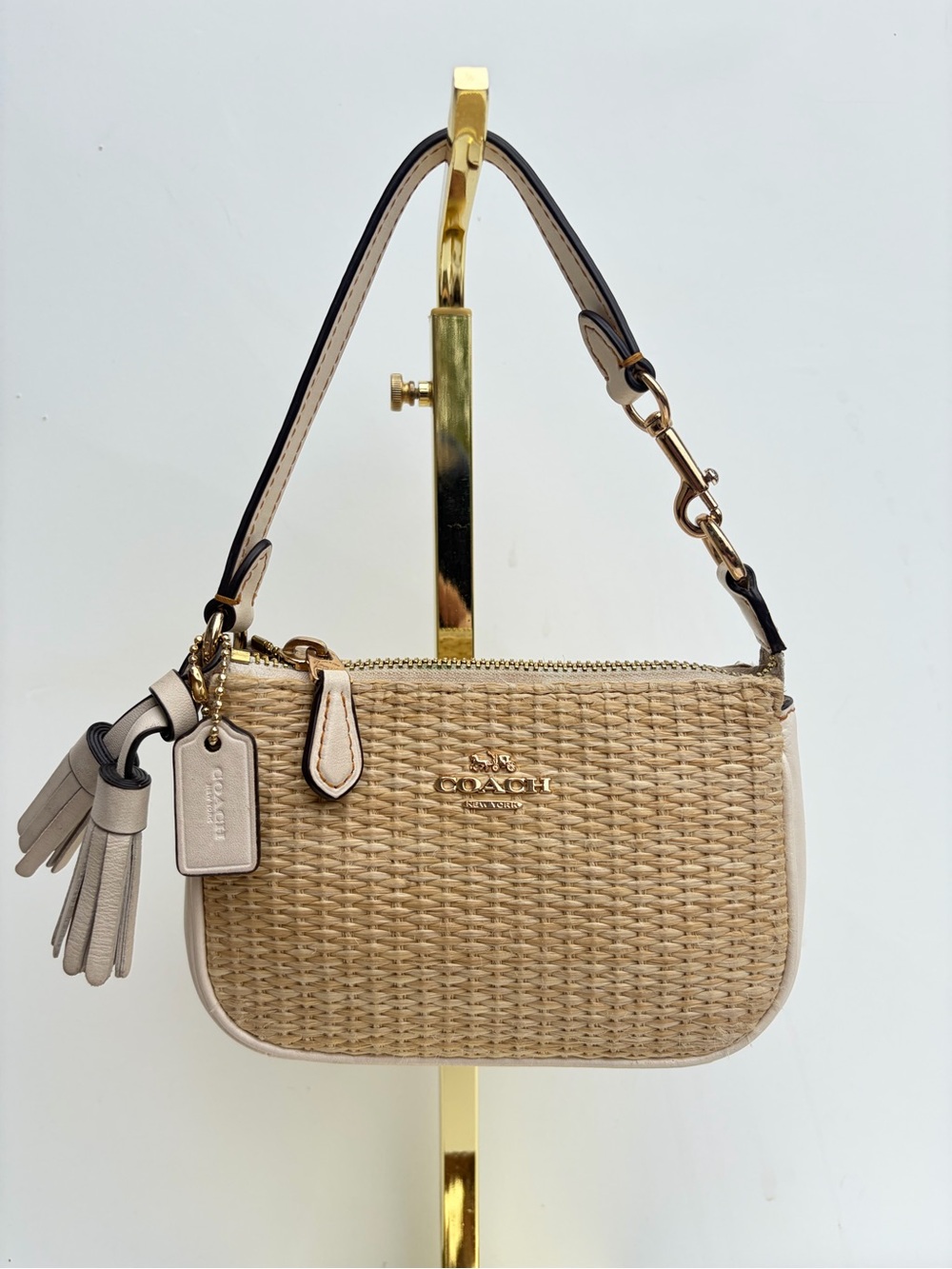 Coach Nolita 15 Straw Woven Handbag Leather Wristlet Bag Tassel Gold Chalk Trim
